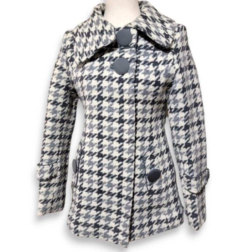 [M]Soia & Kyo Black and White Wool Blend Houndstooth Pea Coat